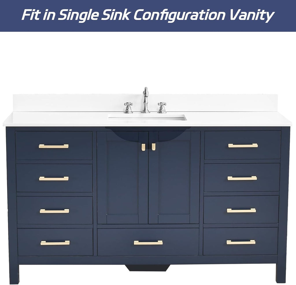 60'x22' Vanity Sink Top, Solid White Quartz Stone Vanity Top Single Bowl Sink 8 Inch Faucet Hole Spacing with Backsplash Countertops for Bathroom
