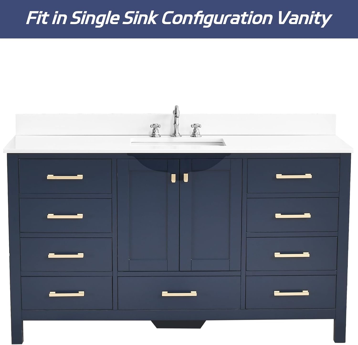 60'x22' Vanity Sink Top, Solid White Quartz Stone Vanity Top Single Bowl Sink 8 Inch Faucet Hole Spacing with Backsplash Countertops for Bathroom