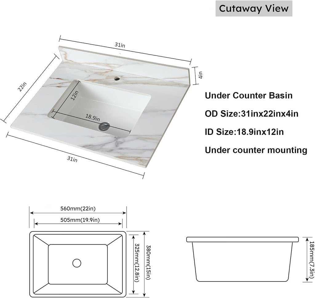 Runboll 31 Inch Marble Vanity Top with Undermount Rectangular Sink, 4' Backsplash, Pre-Drilled Faucet Single Hole, Vanity Top with Sink for Bathroom, Bathroom Remodels (Cabinet NOT Included)