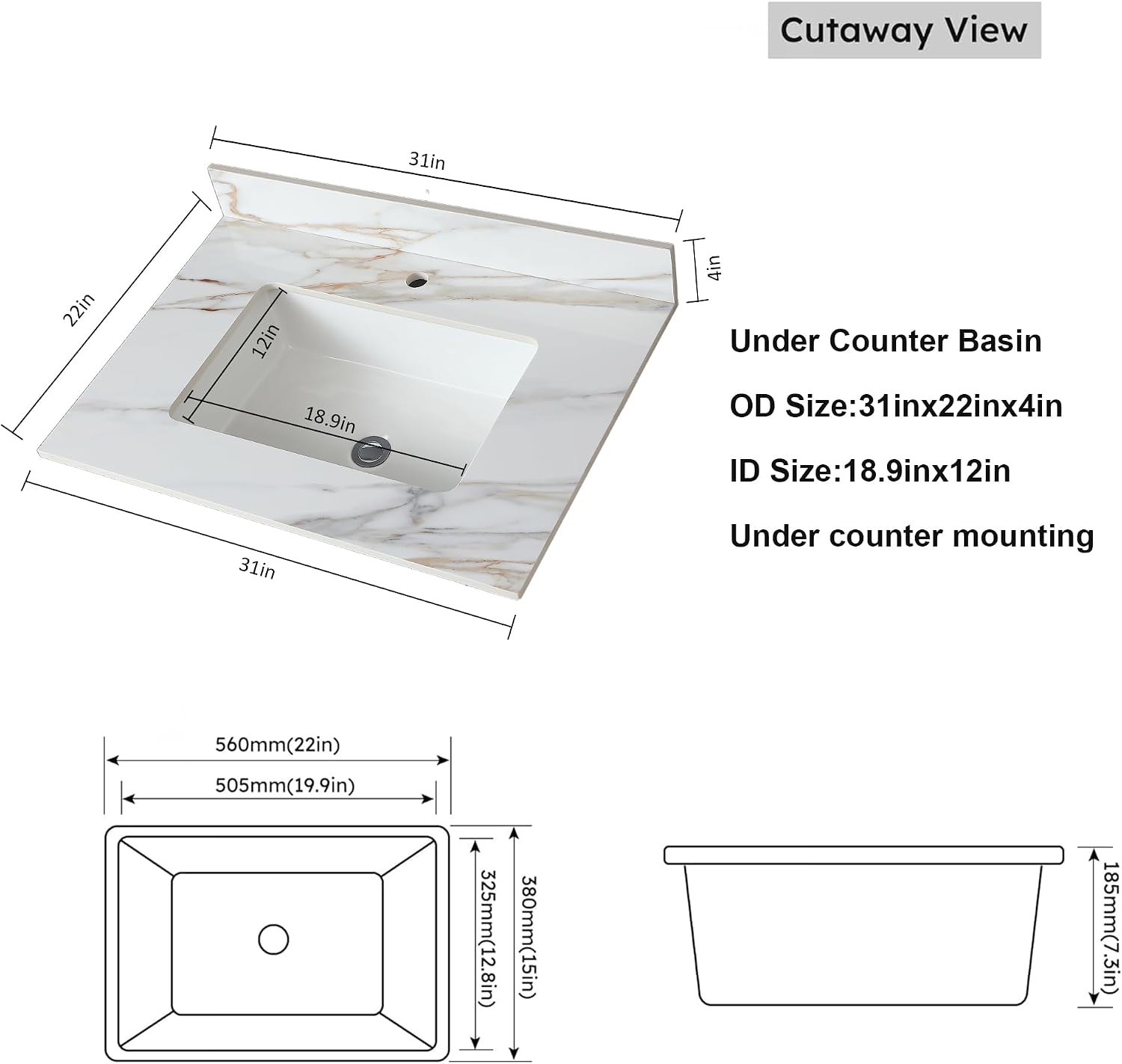Runboll 31 Inch Marble Vanity Top with Undermount Rectangular Sink, 4' Backsplash, Pre-Drilled Faucet Single Hole, Vanity Top with Sink for Bathroom, Bathroom Remodels (Cabinet NOT Included)
