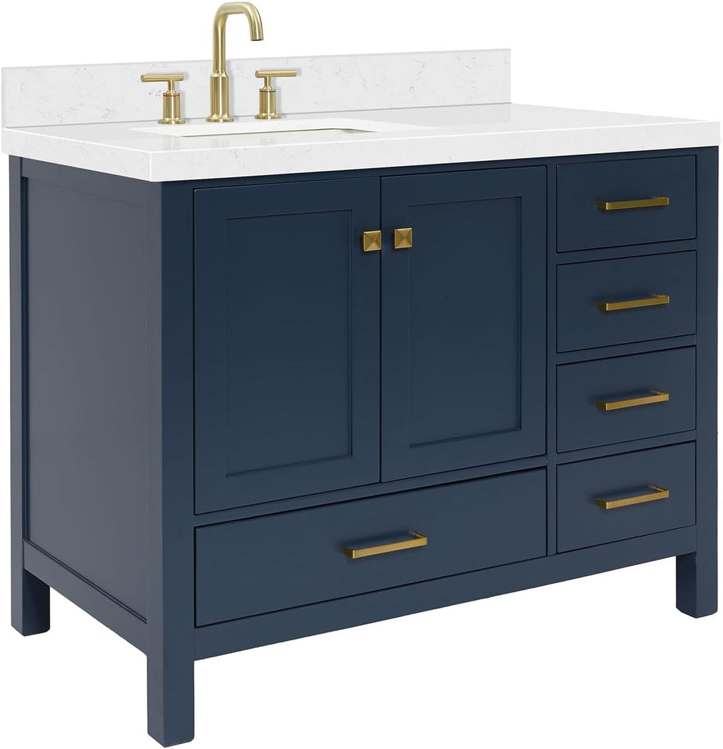 ARIEL Cambridge 42 Inch Single Left Offset Rectangle Sink Bathroom Vanity with Carrara White Quartz Countertop 1.5 Edge in Midnight Blue