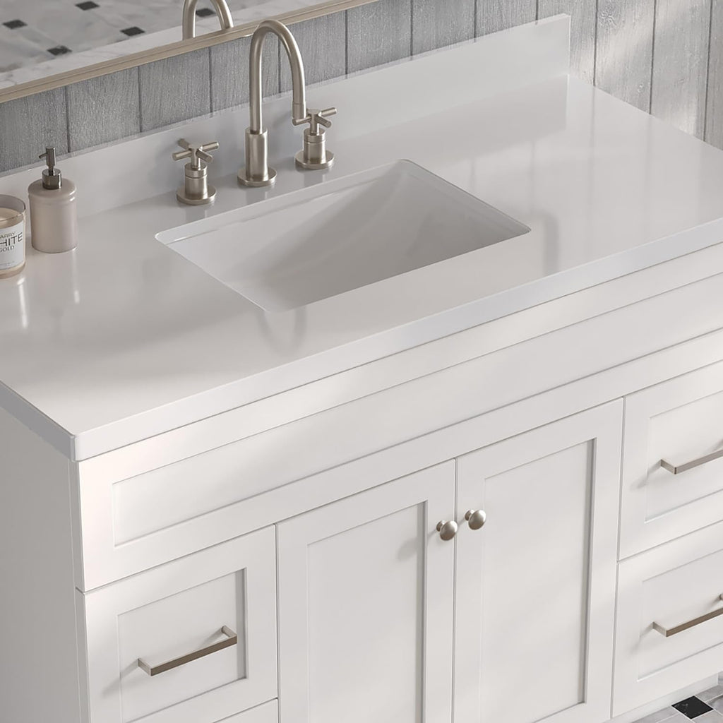 ARIEL Hamlet 48-inch Bathroom Vanity with Sink,Solid Wood, 1.5-inch Pure White Quartz Countertop & Backsplash, Single Rectangular Porcelain Sink, 2 Soft Closing Doors, 4 Dovetail Drawers, White