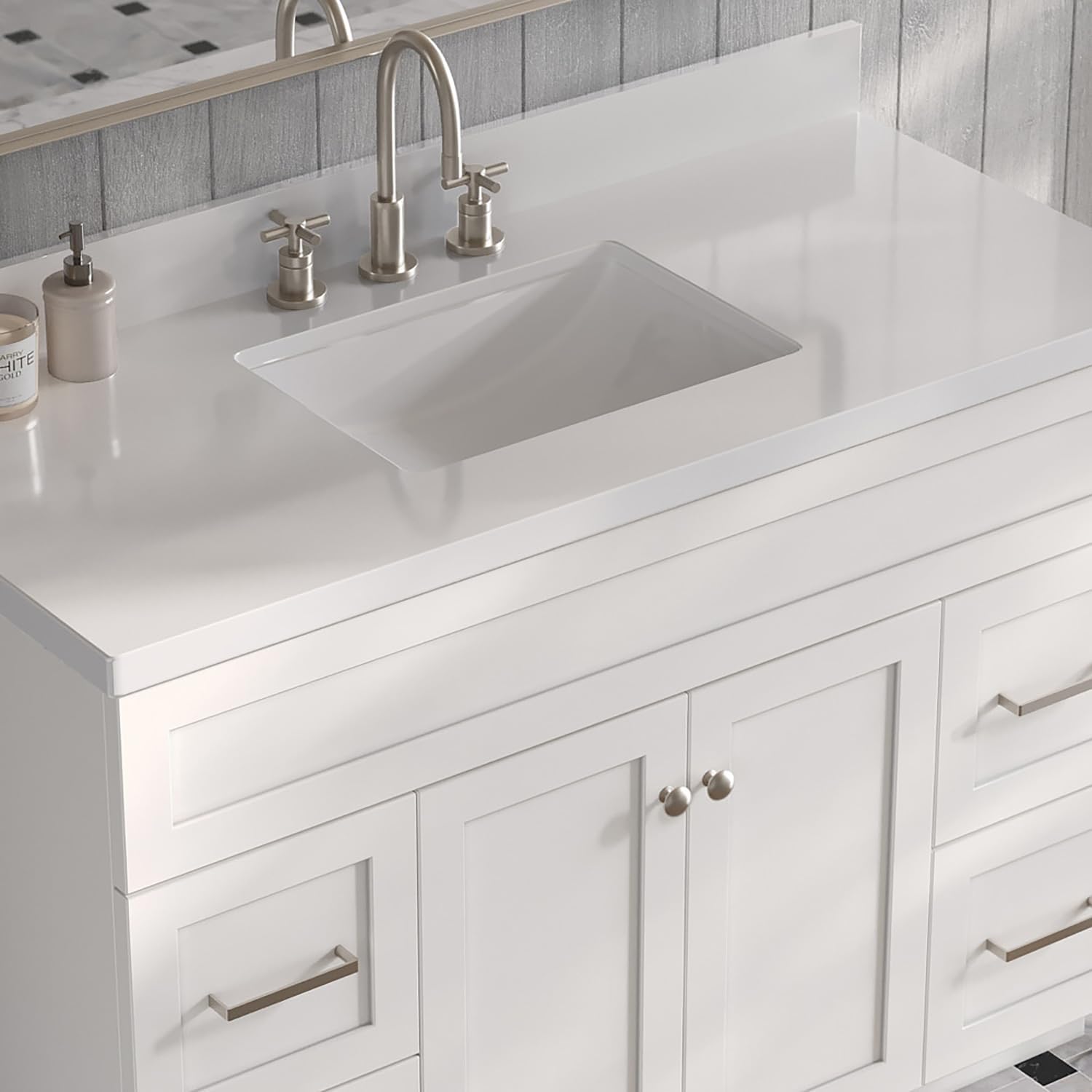 ARIEL Hamlet 48-inch Bathroom Vanity with Sink,Solid Wood, 1.5-inch Pure White Quartz Countertop & Backsplash, Single Rectangular Porcelain Sink, 2 Soft Closing Doors, 4 Dovetail Drawers, White