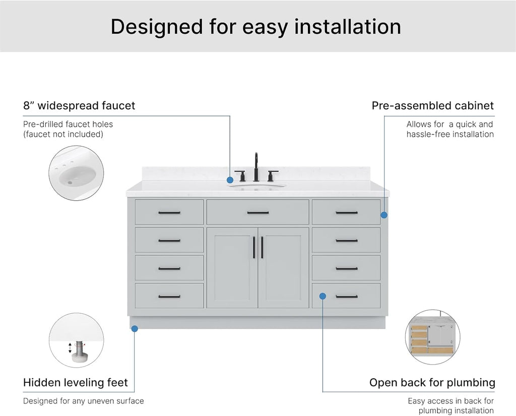 ARIEL Hepburn 66-inch Bathroom Vanity with Sink,Solid Wood, 1.5-inch Carrara White Quartz Countertop & Backsplash, Single Oval Porcelain Sink, 2 Soft Closing Doors, 9 Dovetail Drawers, Grey