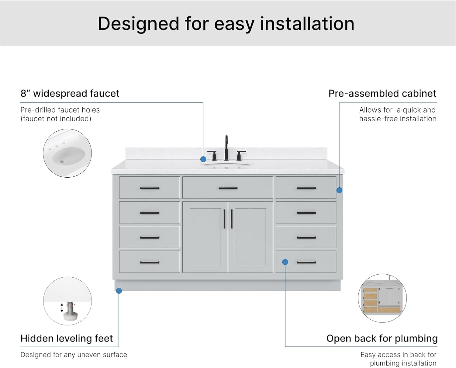 ARIEL Hepburn 66-inch Bathroom Vanity with Sink,Solid Wood, 1.5-inch Carrara White Quartz Countertop & Backsplash, Single Oval Porcelain Sink, 2 Soft Closing Doors, 9 Dovetail Drawers, Grey