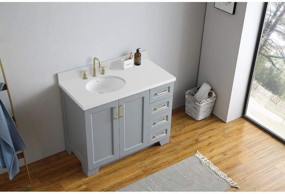 ARIEL Taylor 42-inch Bathroom Vanity with Sink,Solid Wood, 1.5-inch Pure White Quartz Countertop & Backsplash, Single Oval Porcelain Sink, 2 Soft Closing Doors, 5 Dovetail Drawers, Grey