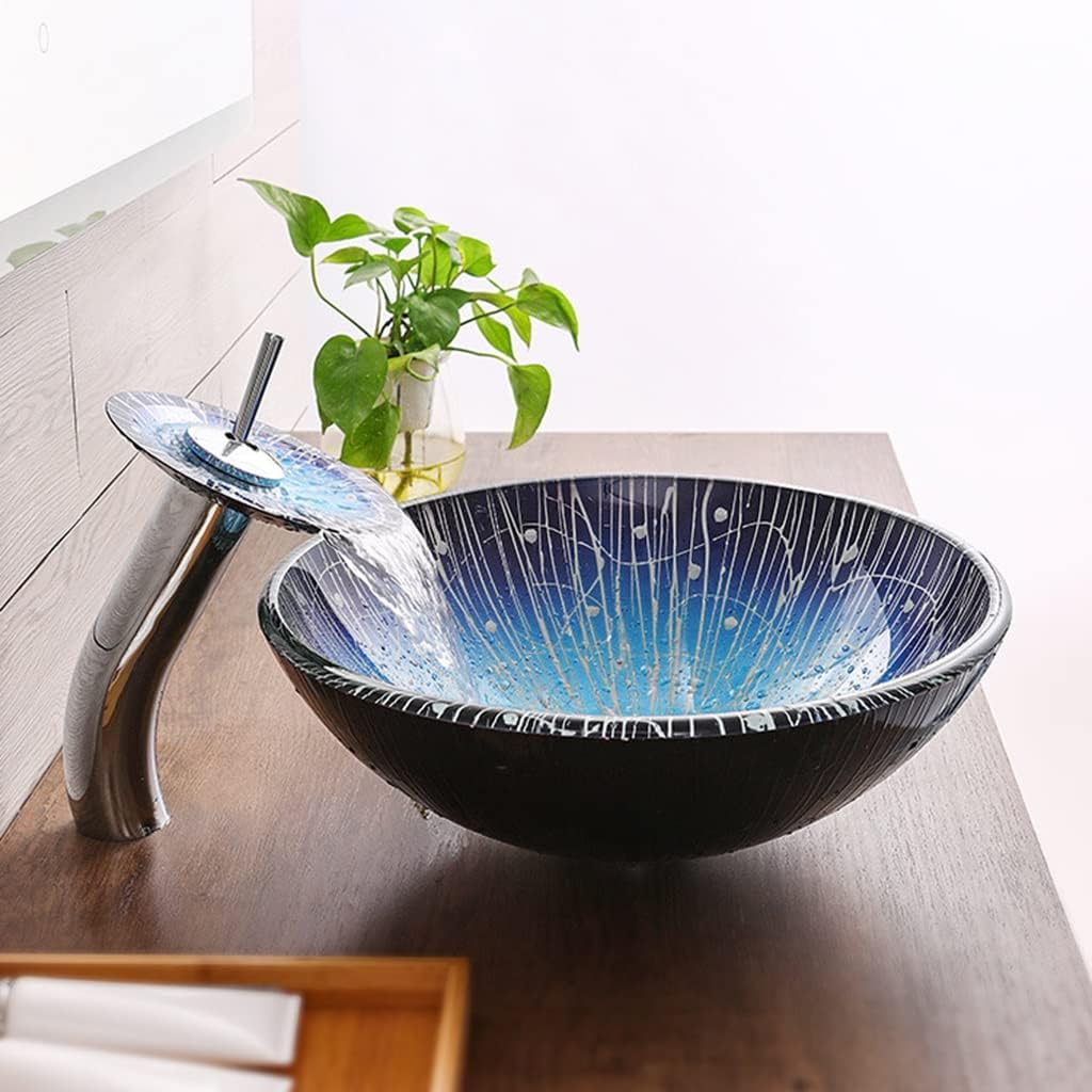 MBROS Tempered Glass Vessel Sink Mediterranean Style Art Wash Basin Counter Top Installation Vanity Sinks with Waterfall Chrome Faucet Combo and Pop Up Sink Drain (Color : Blue, Size : 42x42x14.5c