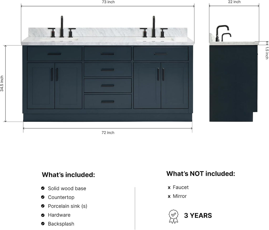 DKB Isabella 72 Inch Bathroom Vanity Double Sink — Midnight Blue Bathroom Vanity with Sink, 1.5' Edge Italian Carrara Marble Countertop, 4 Soft-Close Doors, 4 Dovetail Drawers, and 2 Tilt Drawers