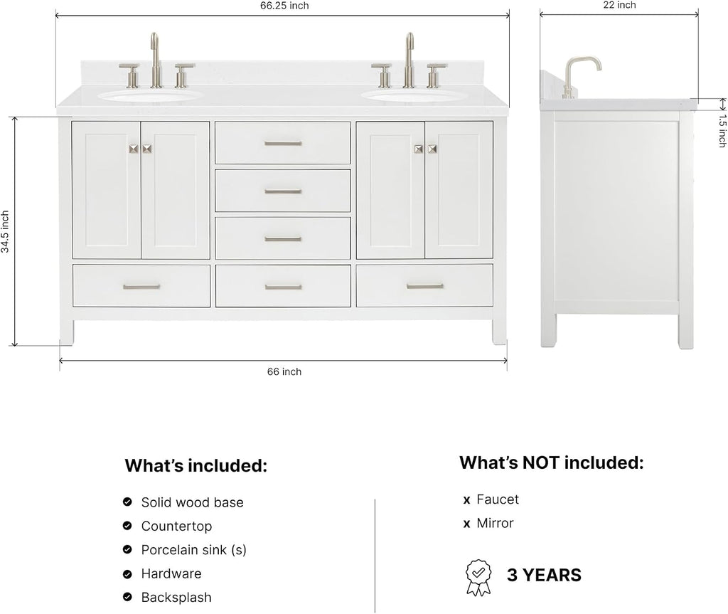 ARIEL Cambridge 66-inch Bathroom Vanity with Sink,Solid Wood, 1.5-inch Carrara White Quartz Countertop & Backsplash, Double Oval Porcelain Sink, 4 Soft Closing Doors, 6 Dovetail Drawers, White