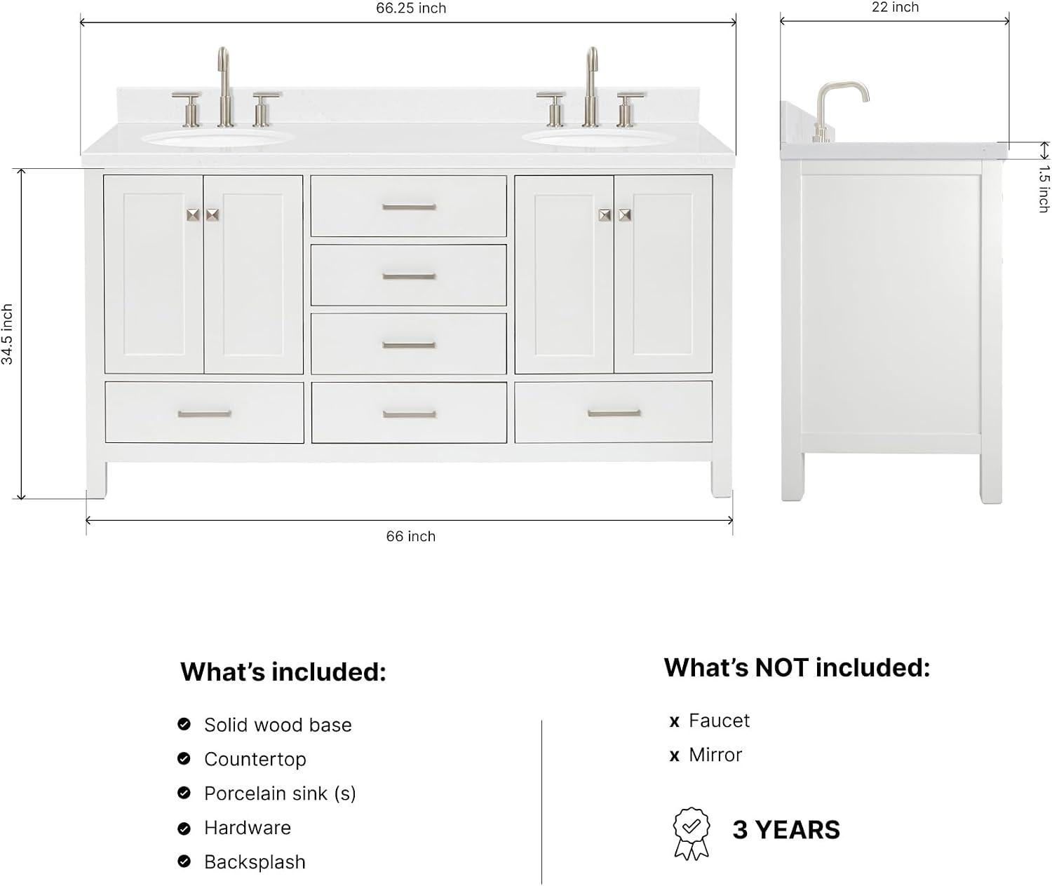 ARIEL Cambridge 66-inch Bathroom Vanity with Sink,Solid Wood, 1.5-inch Carrara White Quartz Countertop & Backsplash, Double Oval Porcelain Sink, 4 Soft Closing Doors, 6 Dovetail Drawers, White
