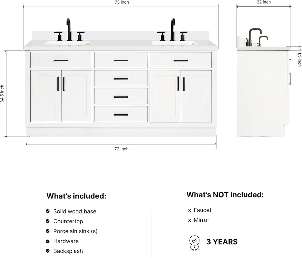 DKB Isabella 72 Inch Bathroom Vanity Double Sink — White Bathroom Vanity with Sink, 1.5' Edge Pure White Quartz Countertop, 4 Soft-Close Doors, 4 Dovetail Drawers, and 2 Tilt Drawers