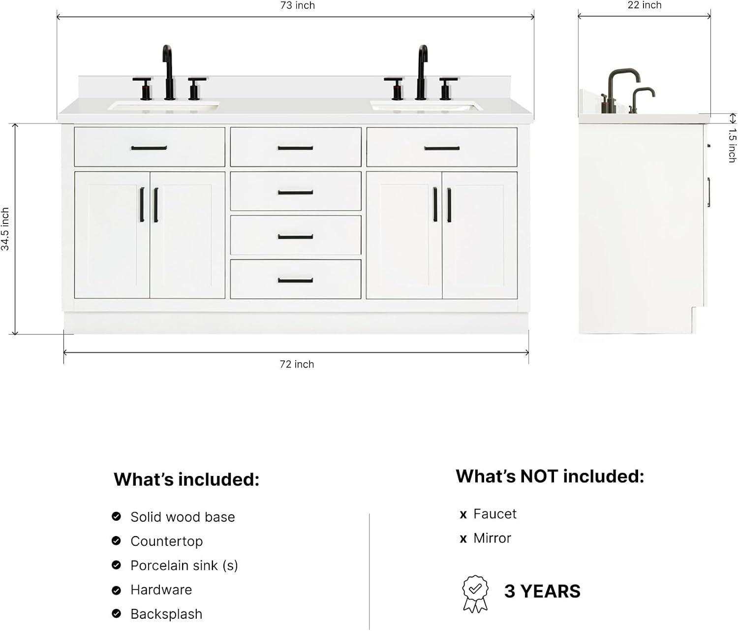DKB Isabella 72 Inch Bathroom Vanity Double Sink — White Bathroom Vanity with Sink, 1.5' Edge Pure White Quartz Countertop, 4 Soft-Close Doors, 4 Dovetail Drawers, and 2 Tilt Drawers
