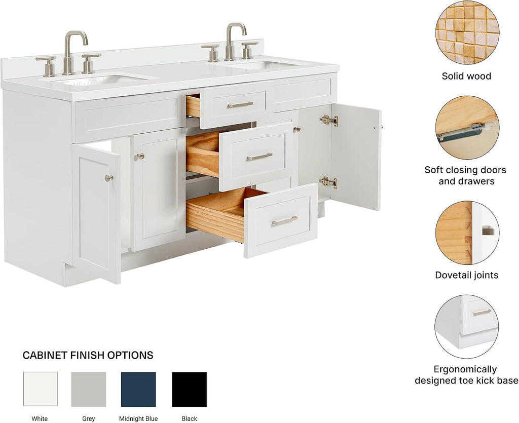 ARIEL Hamlet 72-inch Bathroom Vanity with Sink,Solid Wood, 1.5-inch Pure White Quartz Countertop & Backsplash, Double Rectangular Porcelain Sink, 4 Soft Closing Doors, 3 Dovetail Drawers, White