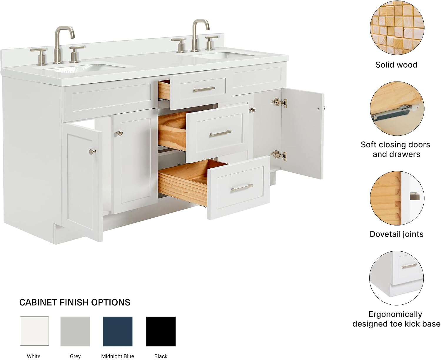 ARIEL Hamlet 72-inch Bathroom Vanity with Sink,Solid Wood, 1.5-inch Pure White Quartz Countertop & Backsplash, Double Rectangular Porcelain Sink, 4 Soft Closing Doors, 3 Dovetail Drawers, White
