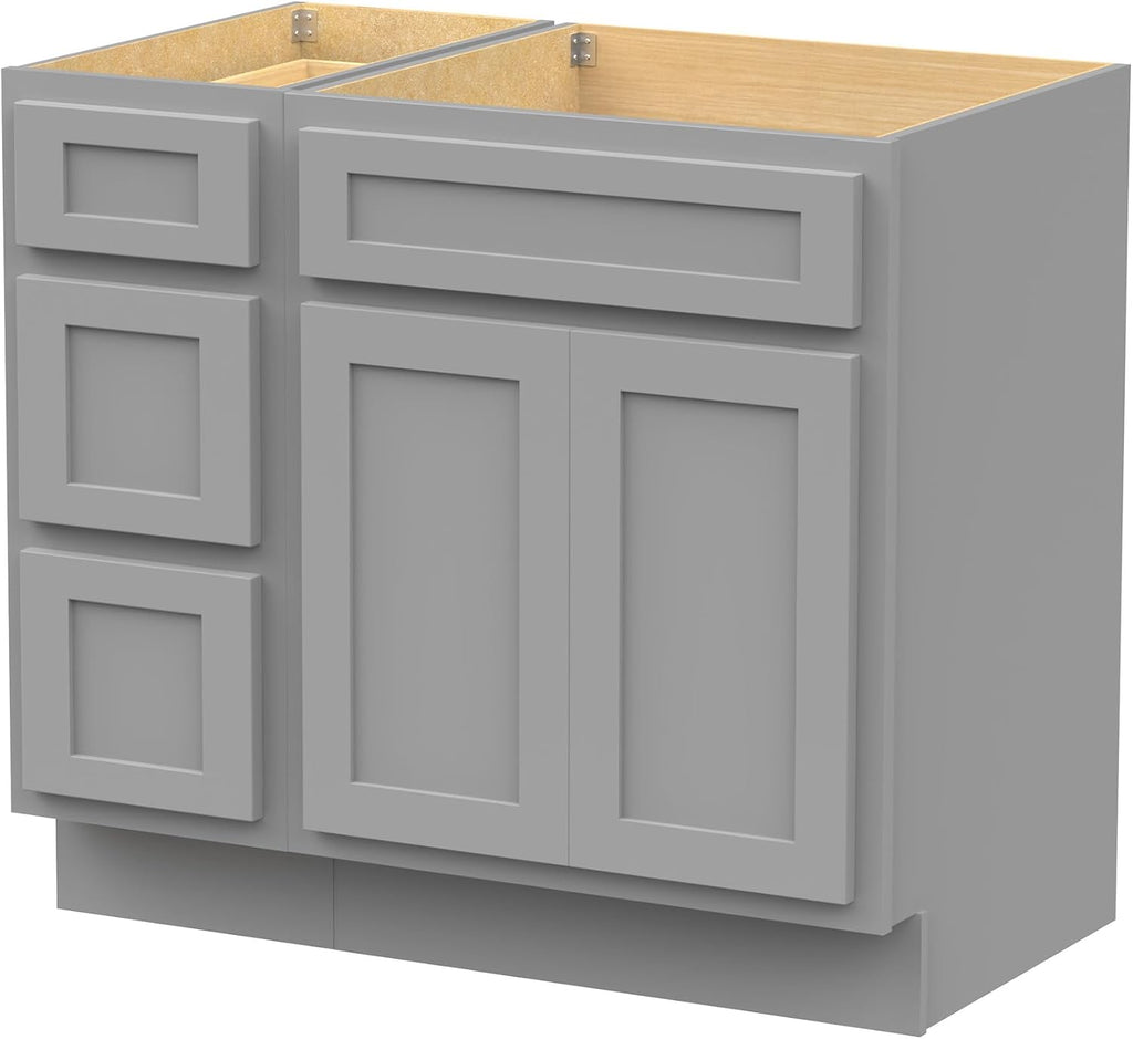 Vanity Art 36' Unassembled Bathroom Vanity with 2-Door 3-Drawer, Wood Bathroom Vanity Cabinet with Soft Closing Shaker Drawer, Sturdy Floor Mounted Cabinet Without Top VA4036-3S-G