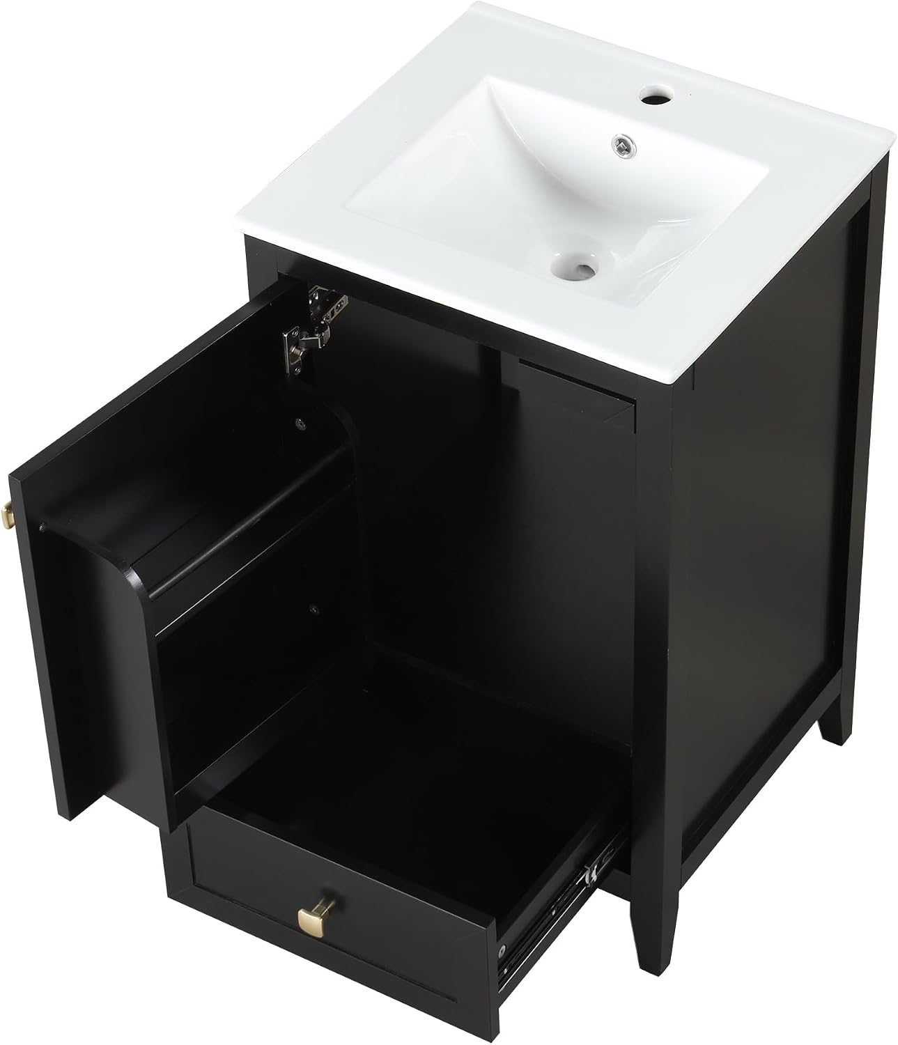 20-inch Bathroom Vanity with Sink, Free Standing Vanity Cabinet with Soft Closing Door, Storage Rack, and Drawer, Solid Wood Bath Vanity Set with Ceramic Sink for Bathroom (Black)