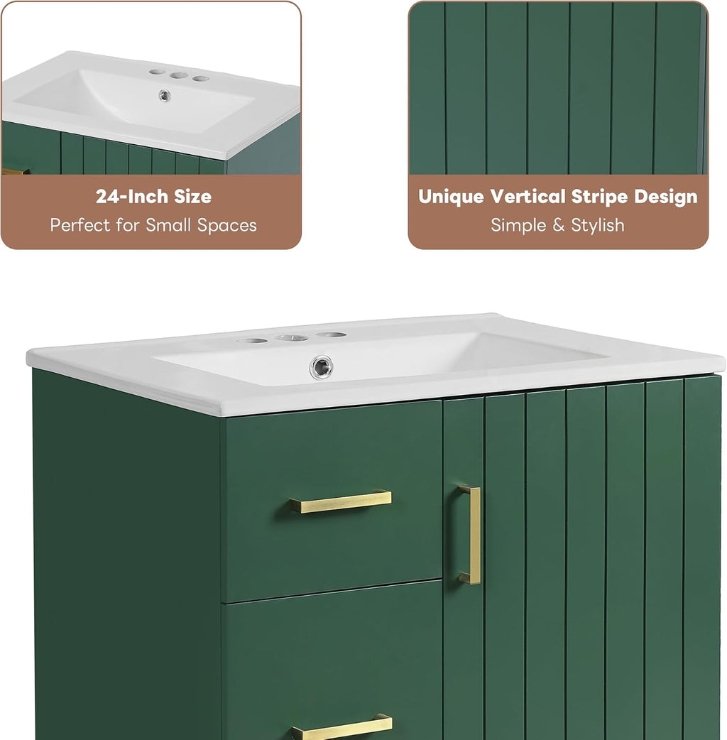 Merax Modern Linear 24' Bathroom Vanity with Sink, Powder Room Small Bathroom Vanity with Storage Cabinet and 2 Drawers, Adjustable Shelf, Ceramic Sink Top, Painted Finish