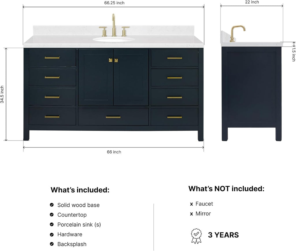 ARIEL Cambridge 66-inch Bathroom Vanity with Sink,Solid Wood, 1.5-inch Carrara White Quartz Countertop, Single Oval Porcelain Sink, 2 Soft Closing Doors, 9 Dovetail Drawers, Midnight Blue