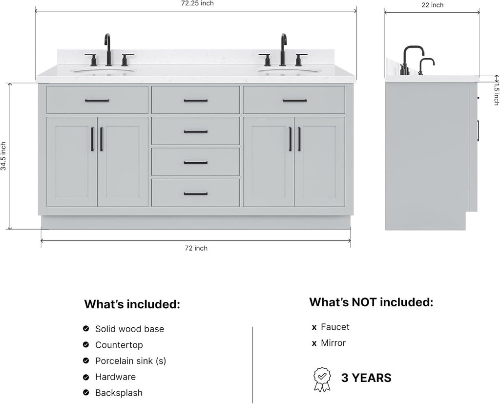 ARIEL Hepburn 72-inch Bathroom Vanity with Sink,Solid Wood, 1.5-inch Carrara White Quartz Countertop & Backsplash, Double Oval Porcelain Sink, 4 Soft Closing Doors, 6 Dovetail Drawers, Grey