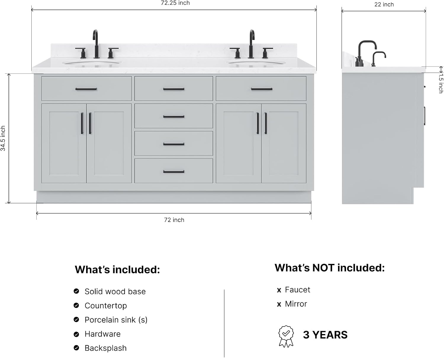 ARIEL Hepburn 72-inch Bathroom Vanity with Sink,Solid Wood, 1.5-inch Carrara White Quartz Countertop & Backsplash, Double Oval Porcelain Sink, 4 Soft Closing Doors, 6 Dovetail Drawers, Grey