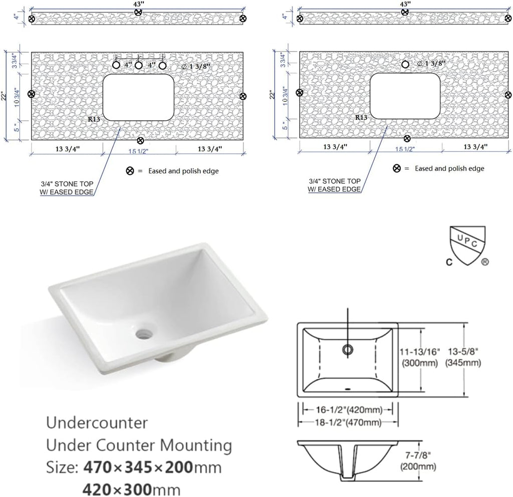 43 Inch Marble Vanity Top with Sink, Engineered Stone Vanity Sink Top with Undermount Ceramic Sink & Backsplash, Single Hole Countertops for Bathroom (Carrara White)