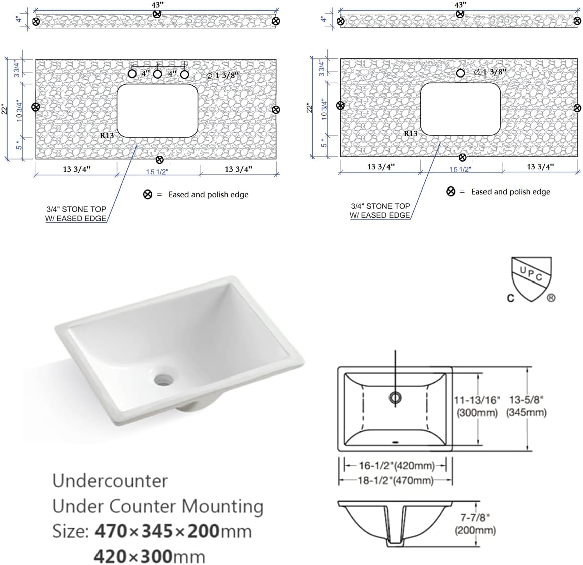 43 Inch Marble Vanity Top with Sink, Engineered Stone Vanity Sink Top with Undermount Ceramic Sink & Backsplash, Single Hole Countertops for Bathroom (Carrara White)
