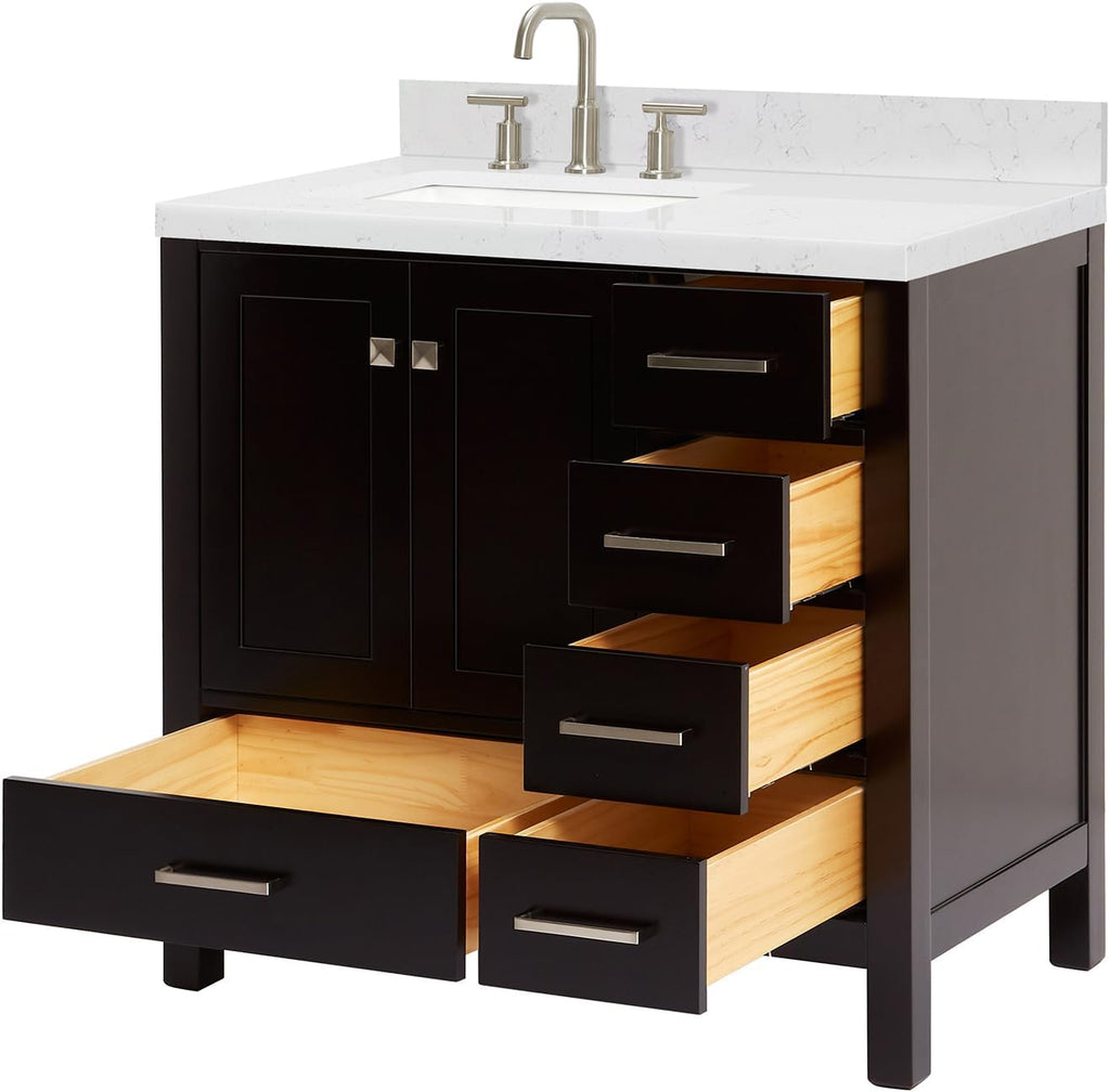 DKB Beckford 36-Inch Espresso Single Bathroom Vanity with Sink, Solid Wood Frame, Carrara White Quartz 1.5' Countertop, Left Rectangular Undermount Sink, 2 Soft Closing Doors, 5 Drawers