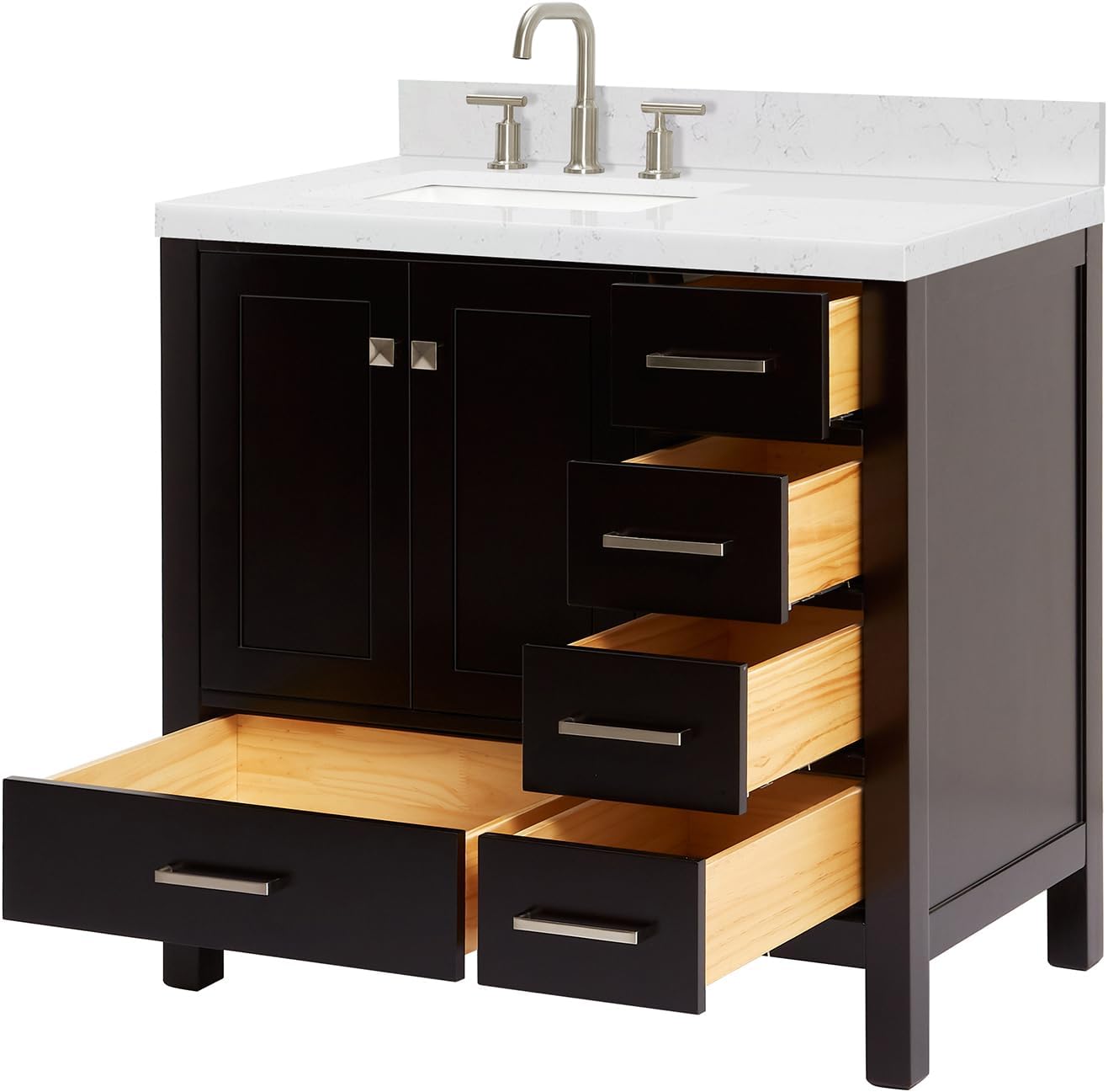 DKB Beckford 36-Inch Espresso Single Bathroom Vanity with Sink, Solid Wood Frame, Carrara White Quartz 1.5' Countertop, Left Rectangular Undermount Sink, 2 Soft Closing Doors, 5 Drawers