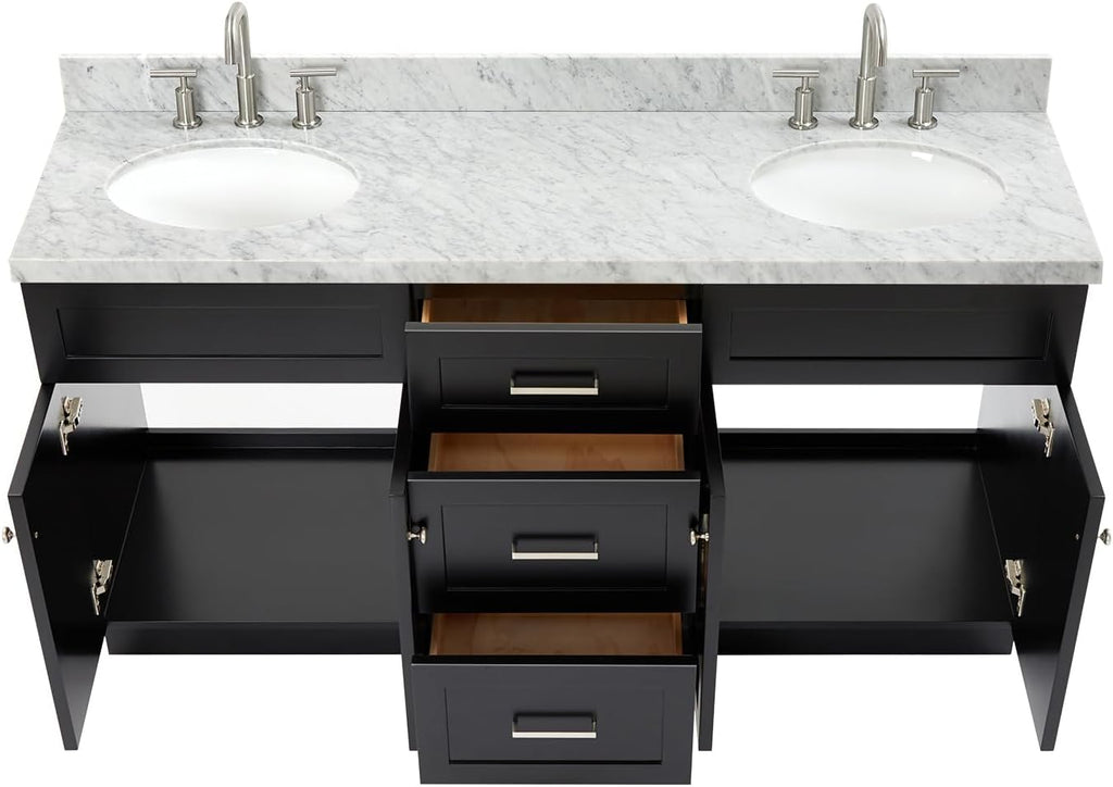 DKB Bradford 66' Black Double Bathroom Vanity, 1.5' Italian Carrara Marble Countertop, Double Oval Undermount Sinks, 2 Soft Closing Doors, 3 Dovetail Drawers, Brushed Nickel