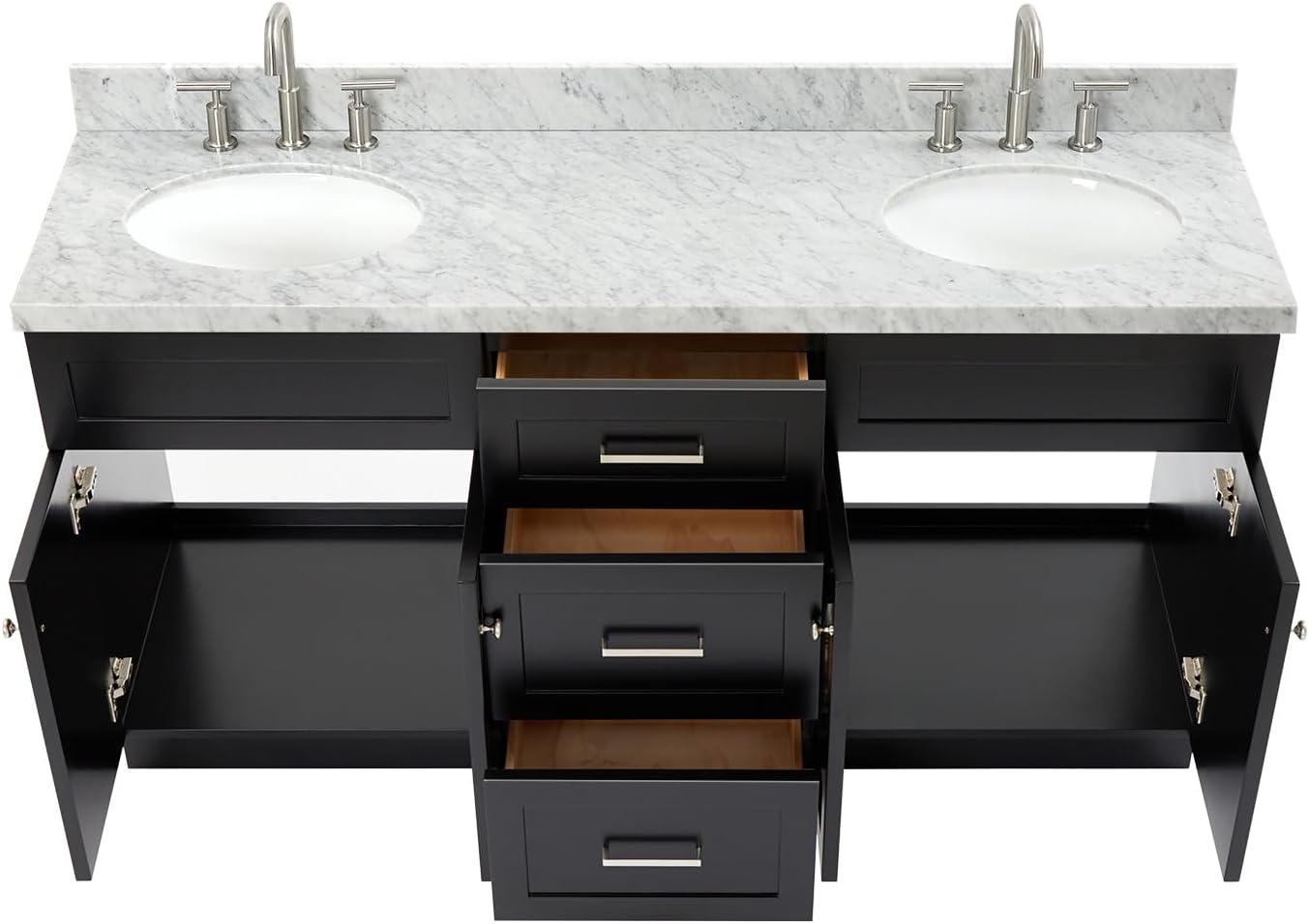 DKB Bradford 66' Black Double Bathroom Vanity, 1.5' Italian Carrara Marble Countertop, Double Oval Undermount Sinks, 2 Soft Closing Doors, 3 Dovetail Drawers, Brushed Nickel
