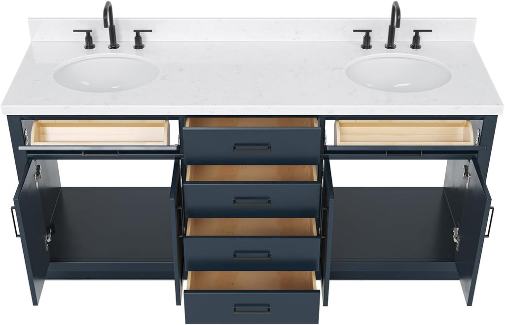 ARIEL Hepburn 72-inch Bathroom Vanity with Sink,Solid Wood, 1.5-inch Carrara White Quartz Countertop, Double Oval Porcelain Sink, 4 Soft Closing Doors, 6 Dovetail Drawers, Midnight Blue