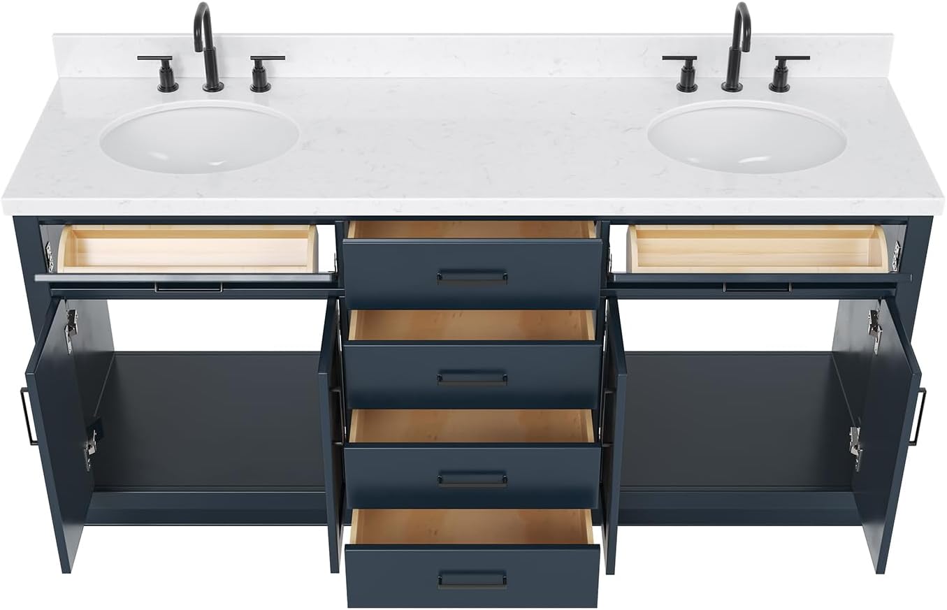 ARIEL Hepburn 72-inch Bathroom Vanity with Sink,Solid Wood, 1.5-inch Carrara White Quartz Countertop, Double Oval Porcelain Sink, 4 Soft Closing Doors, 6 Dovetail Drawers, Midnight Blue