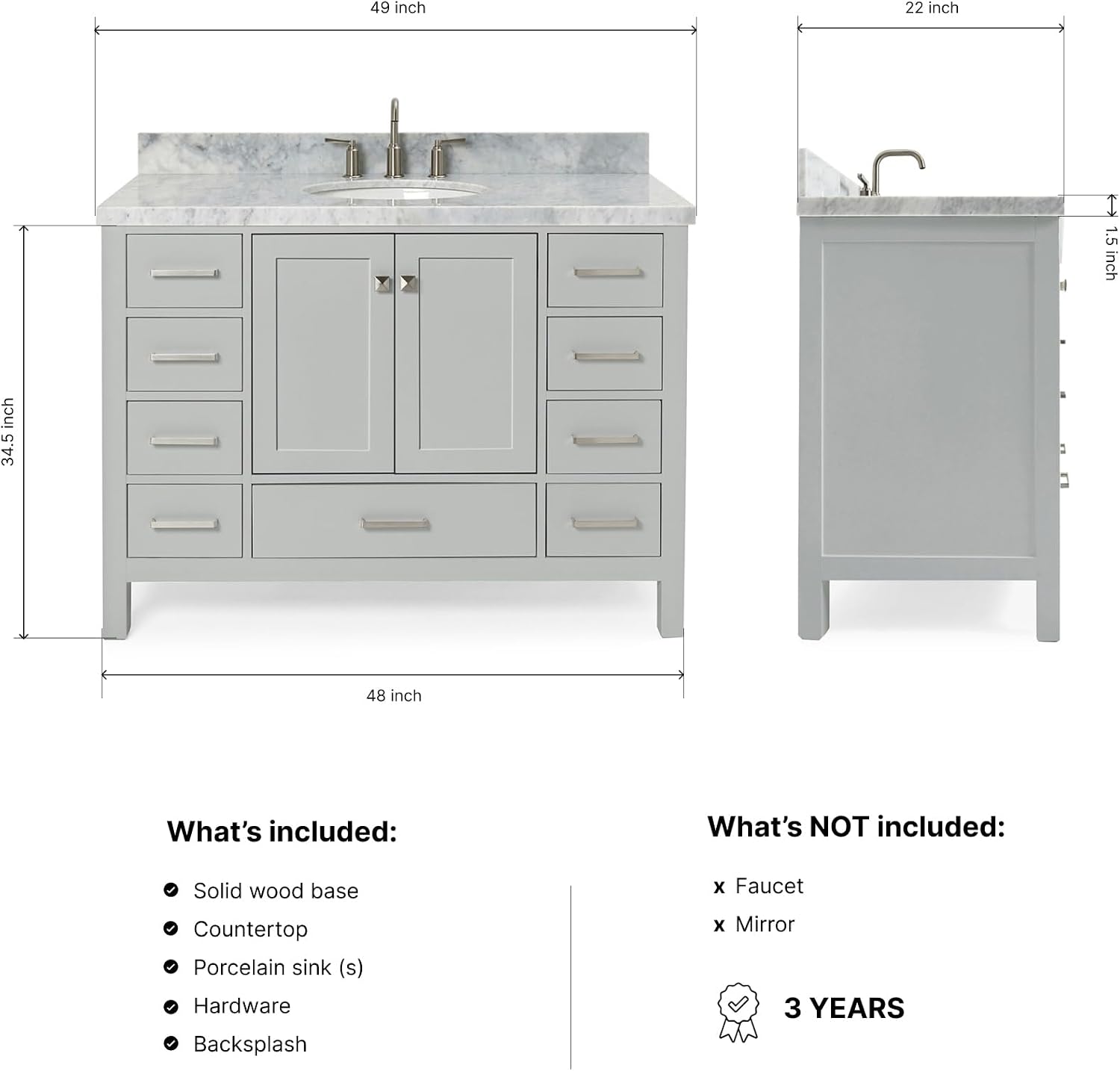 ARIEL Cambridge 48-inch Bathroom Vanity with Sink,Solid Wood, 1.5-inch Italian Carrara Marble Countertop & Backsplash, Single Oval Porcelain Sink, 2 Soft Closing Doors, 9 Dovetail Drawers, Grey