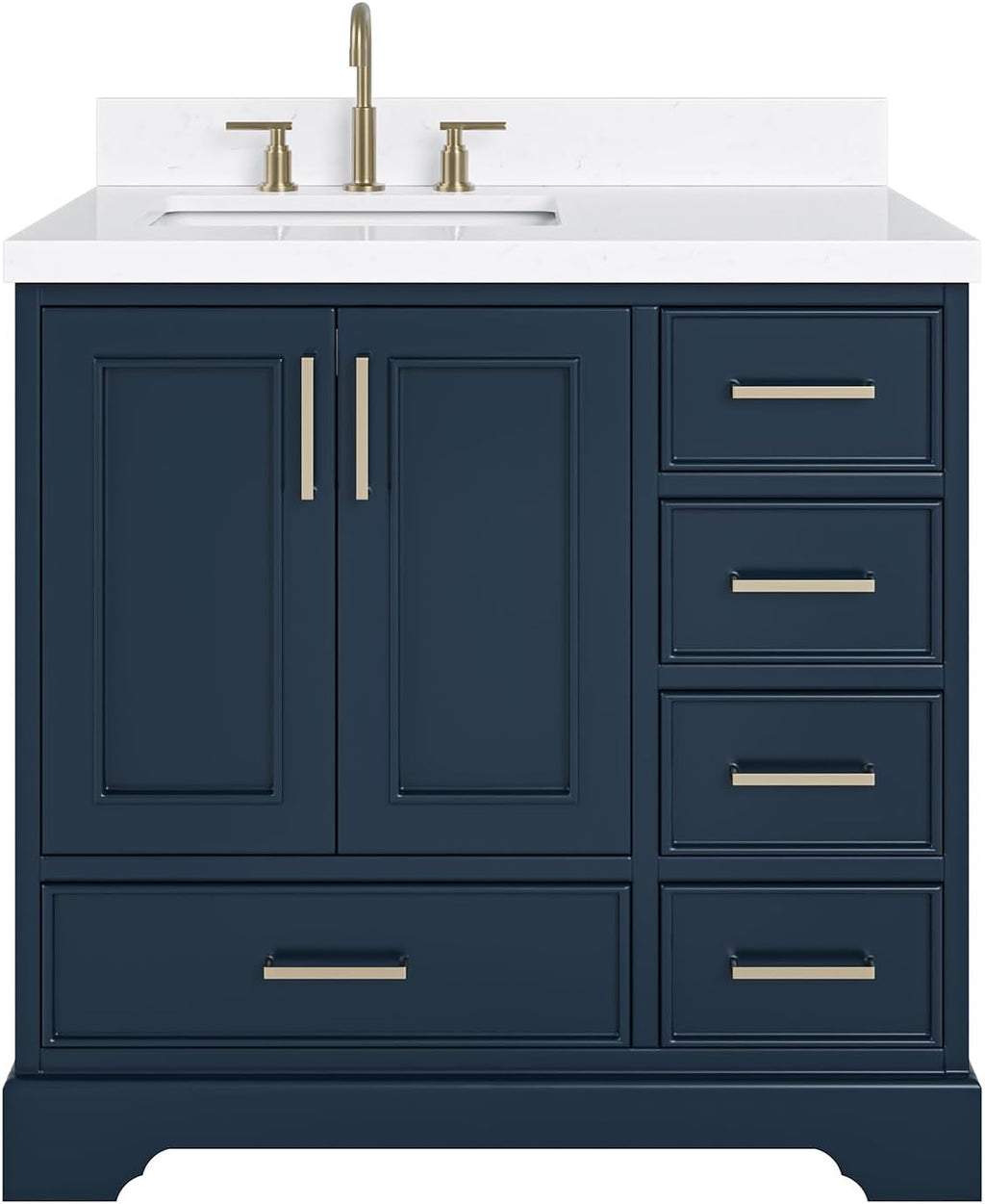 ARIEL Stafford 36-inch Bathroom Vanity with Sink,Solid Wood, 1.5-inch Carrara White Quartz Countertop, Single Rectangular Porcelain Sink, 2 Soft Closing Doors, 5 Dovetail Drawers, Midnight Blue