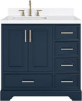 ARIEL Stafford 36-inch Bathroom Vanity with Sink,Solid Wood, 1.5-inch Carrara White Quartz Countertop, Single Rectangular Porcelain Sink, 2 Soft Closing Doors, 5 Dovetail Drawers, Midnight Blue
