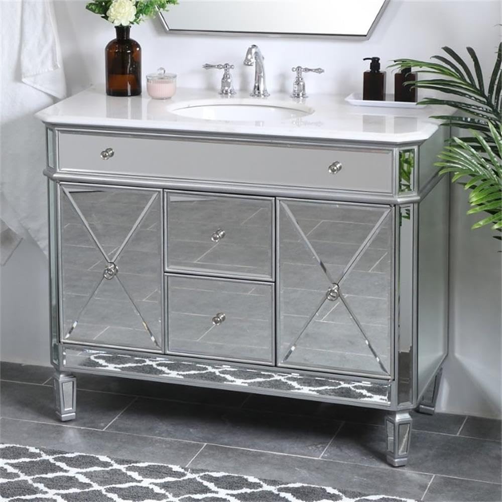 Pemberly Row 42' Marble Top Mirrored Bathroom Vanity, Antique Silver Finish, Rubberwood and MDF Base, Carrara White Marble Countertop, Porcelain Sink, Soft Close Drawers, 2 Doors, Free-Standing Design
