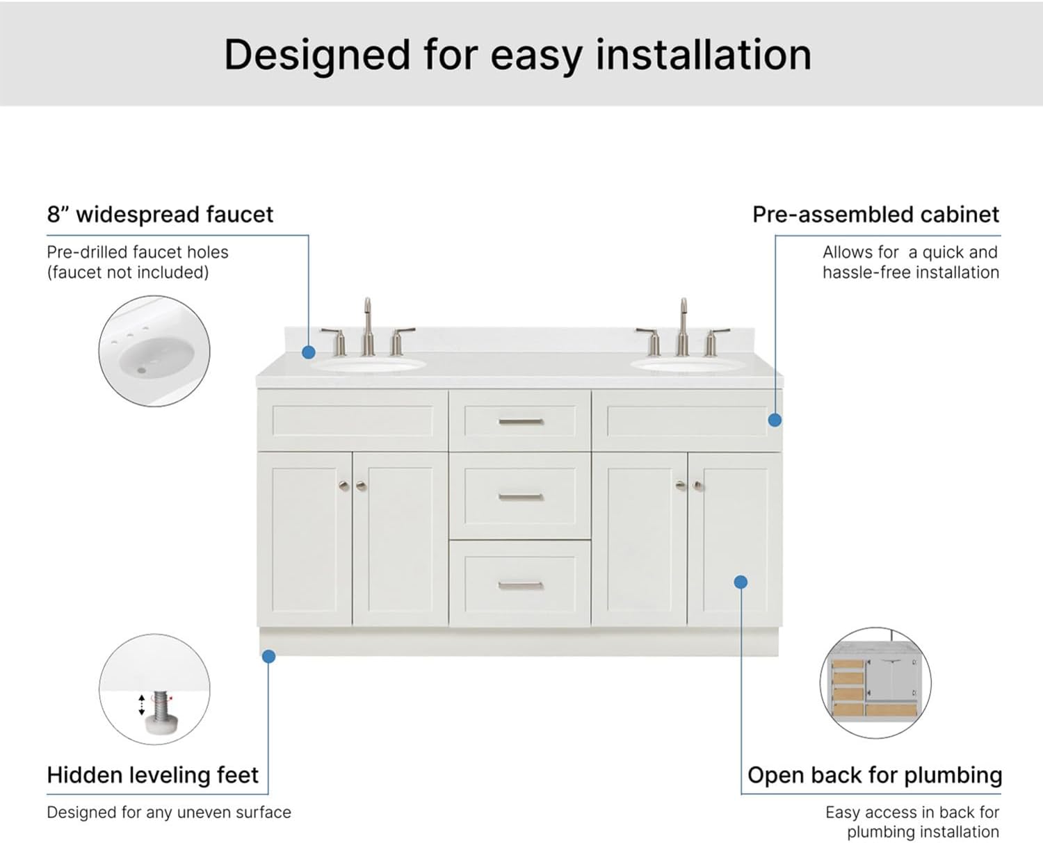 ARIEL Hamlet 66-inch Bathroom Vanity with Sink,Solid Wood, 1.5-inch Carrara White Quartz Countertop & Backsplash, Double Oval Porcelain Sink, 4 Soft Closing Doors, 3 Dovetail Drawers, White