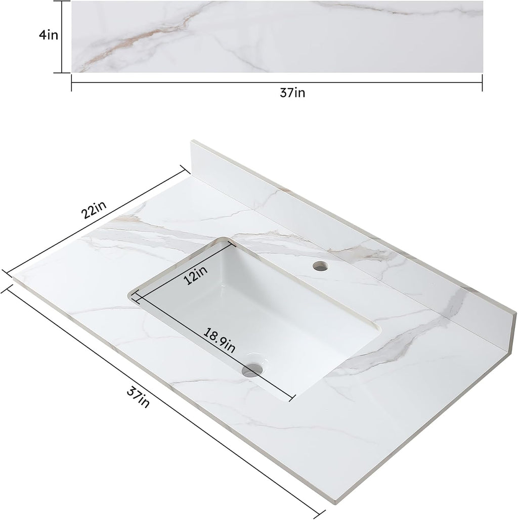 37 Inch Bathroom Vanity Top with Undermounted Large Ceramic Sink & Backsplash, Sintered Stone Artificial Marble Vanity Sink Tops with 1 hole, Carrara Gold