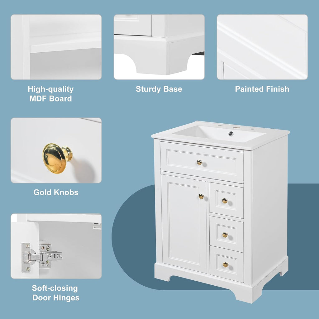Bathroom Vanity with Sink 24 Inch, Tip-Out Drawer and Door Rack, Adjustable Shelf, Soft-Closing Drawers and Door, White