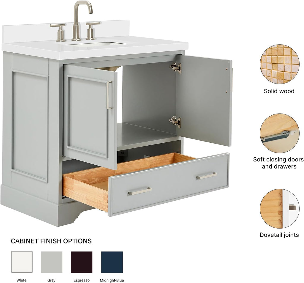 ARIEL Stafford 36-inch Bathroom Vanity with Sink,Solid Wood, 1.5-inch Pure White Quartz Countertop, Single Rectangular Porcelain Sink, Soft Closing Doors, Dovetail Drawers, Grey
