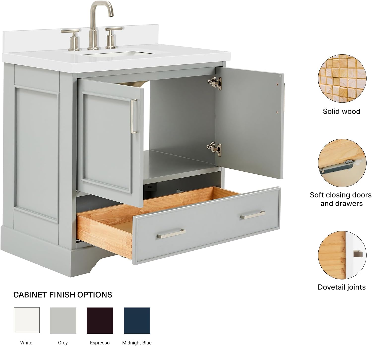 ARIEL Stafford 36-inch Bathroom Vanity with Sink,Solid Wood, 1.5-inch Pure White Quartz Countertop, Single Rectangular Porcelain Sink, Soft Closing Doors, Dovetail Drawers, Grey