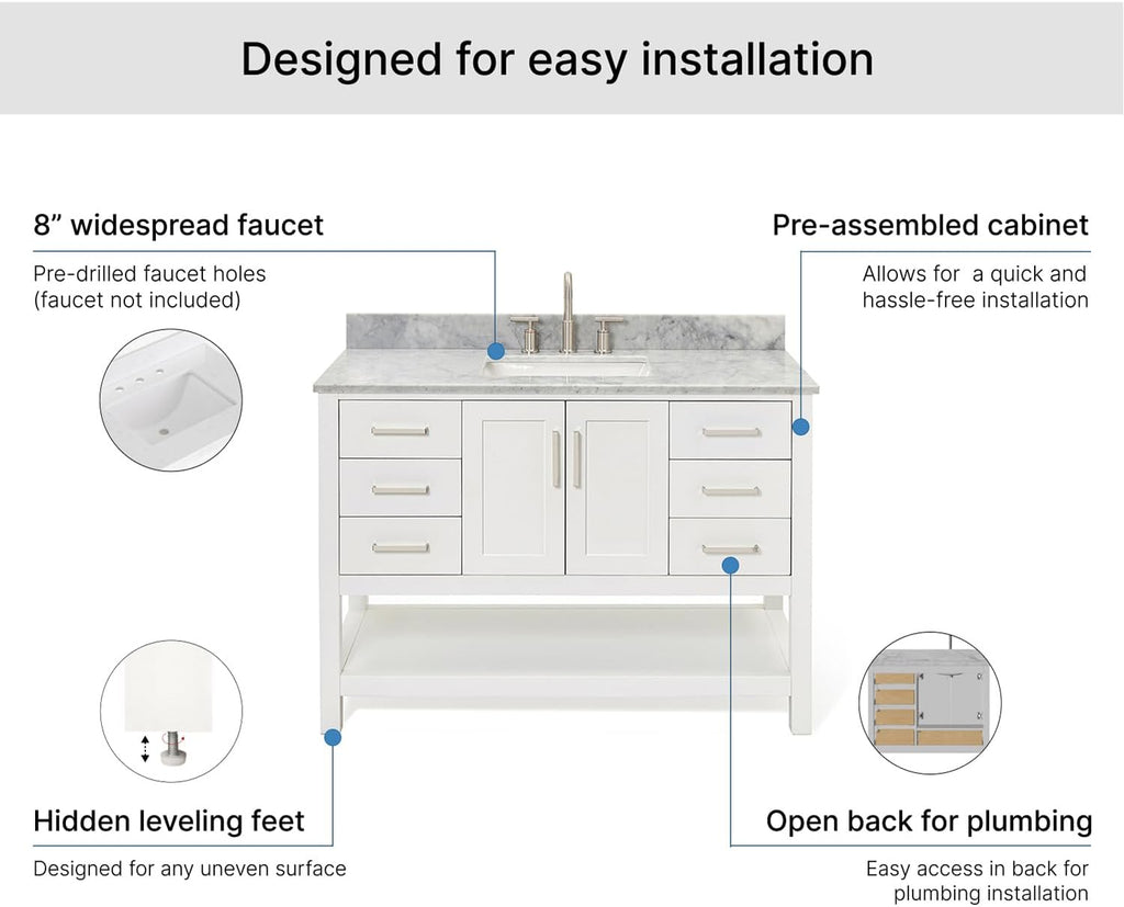 ARIEL Magnolia 48-inch Bathroom Vanity with Sink,Solid Wood, 0.75-inch Italian Carrara Marble Countertop, Single Rectangular Porcelain Sink, 2 Soft Closing Doors, 6 Dovetail Drawers, White