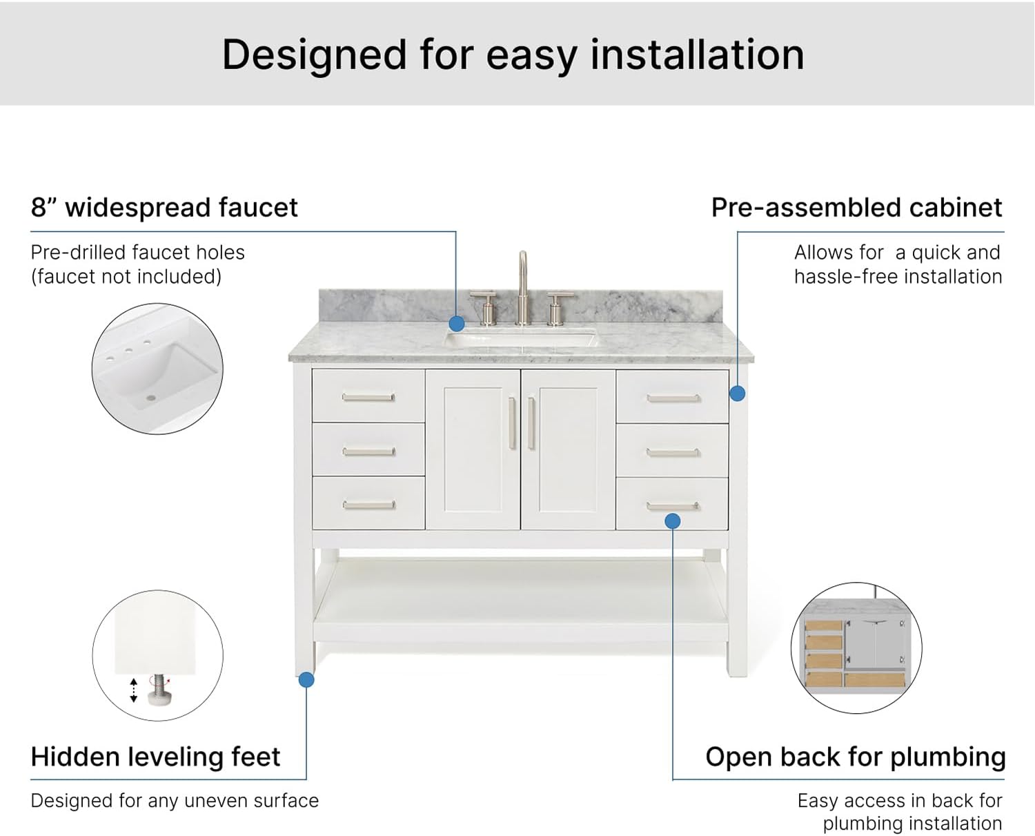 ARIEL Magnolia 48-inch Bathroom Vanity with Sink,Solid Wood, 0.75-inch Italian Carrara Marble Countertop, Single Rectangular Porcelain Sink, 2 Soft Closing Doors, 6 Dovetail Drawers, White