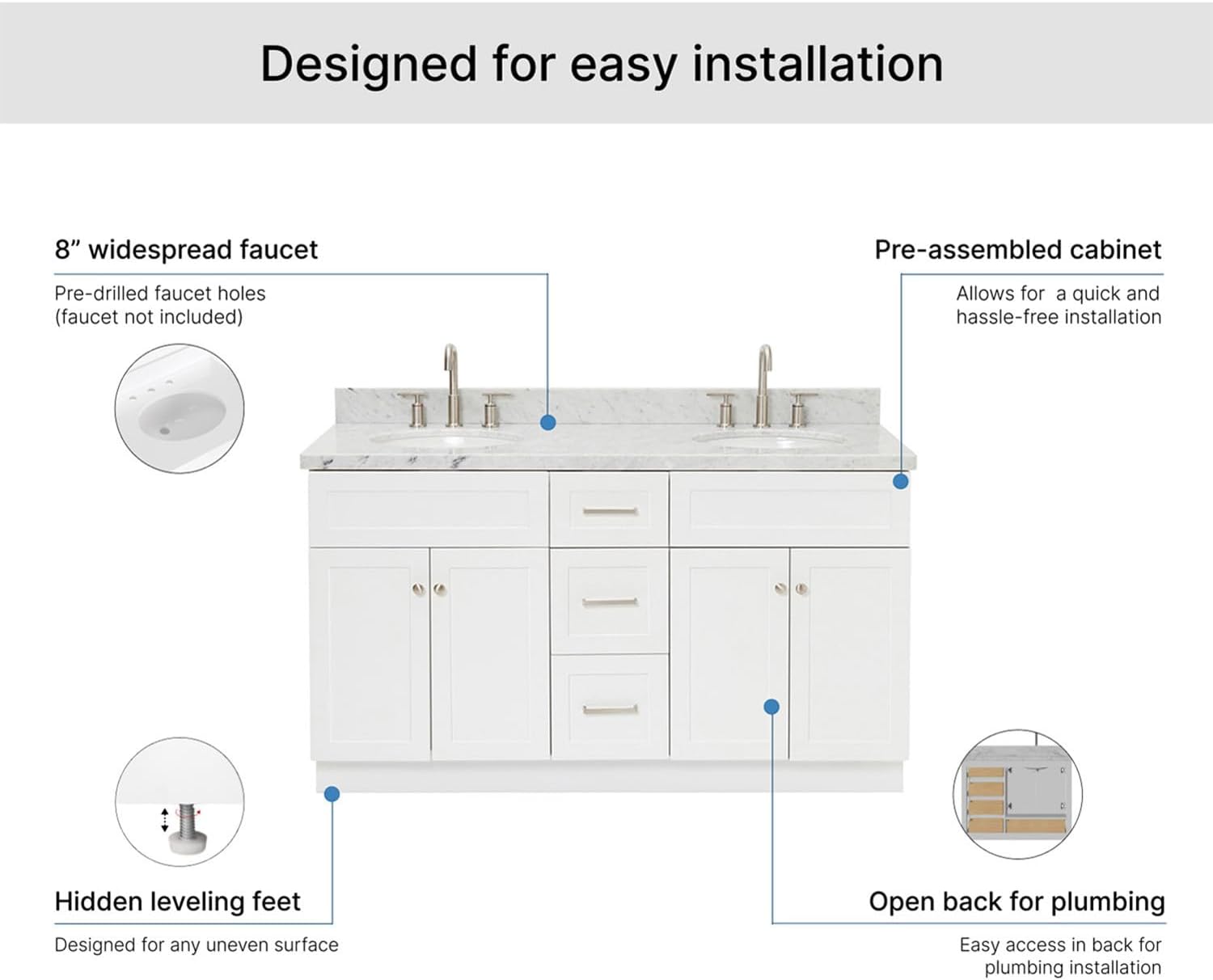 ARIEL Hamlet 60-inch Bathroom Vanity with Sink,Solid Wood, 1.5-inch Italian Carrara Marble Countertop & Backsplash, Double Oval Porcelain Sink, 4 Soft Closing Doors, 3 Dovetail Drawers, White