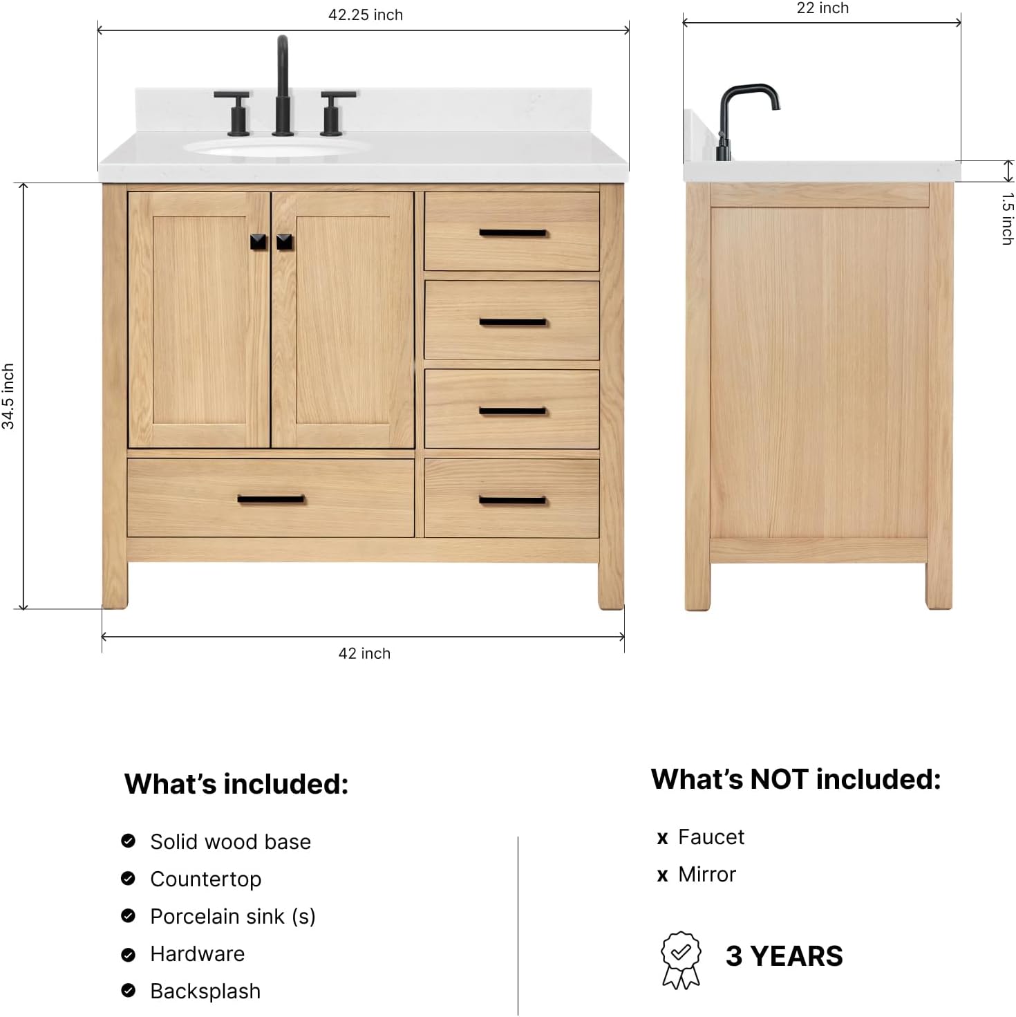 DKB Beckford 42-Inch Oak Single Bathroom Vanity with Sink, Carrara White Quartz Countertop & 4' Backsplash, Soft Closing Drawer & Door, Matte Black Hardware