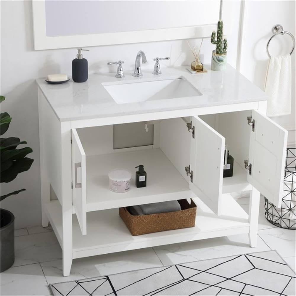 Pemberly Row Traditional 42' Bathroom Vanity, White Finish, Quartz Top with Undermount Porcelain Sink, Solid Wood and MDF Construction, Free-Standing, Storage Cabinet and Bottom Shelf, Brushed Nickel