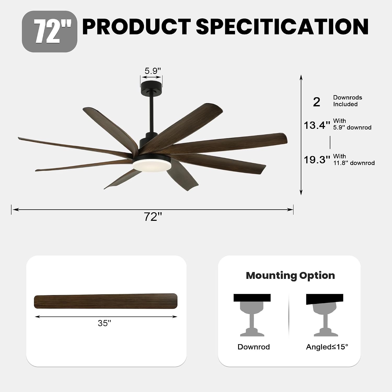 Dawn Whisper 72 Inch Ceiling Fans with Lights and Remote Black Large Modern LED Ceiling Fan for Living Room Bedroom 8 Blades 6 Speed Reversible DC Motor