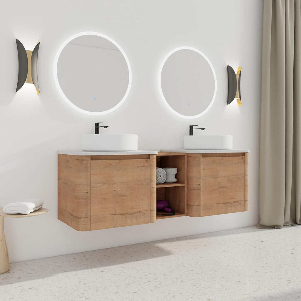 60 Inch Double Sink Bathroom Vanity Combo Modern Floating Bathroom Vanitites with Round Ceramic Vessel Sink 60' Bathroom Sink Cabinet with Marble Counter Top & 1 Middle Storage Shelf