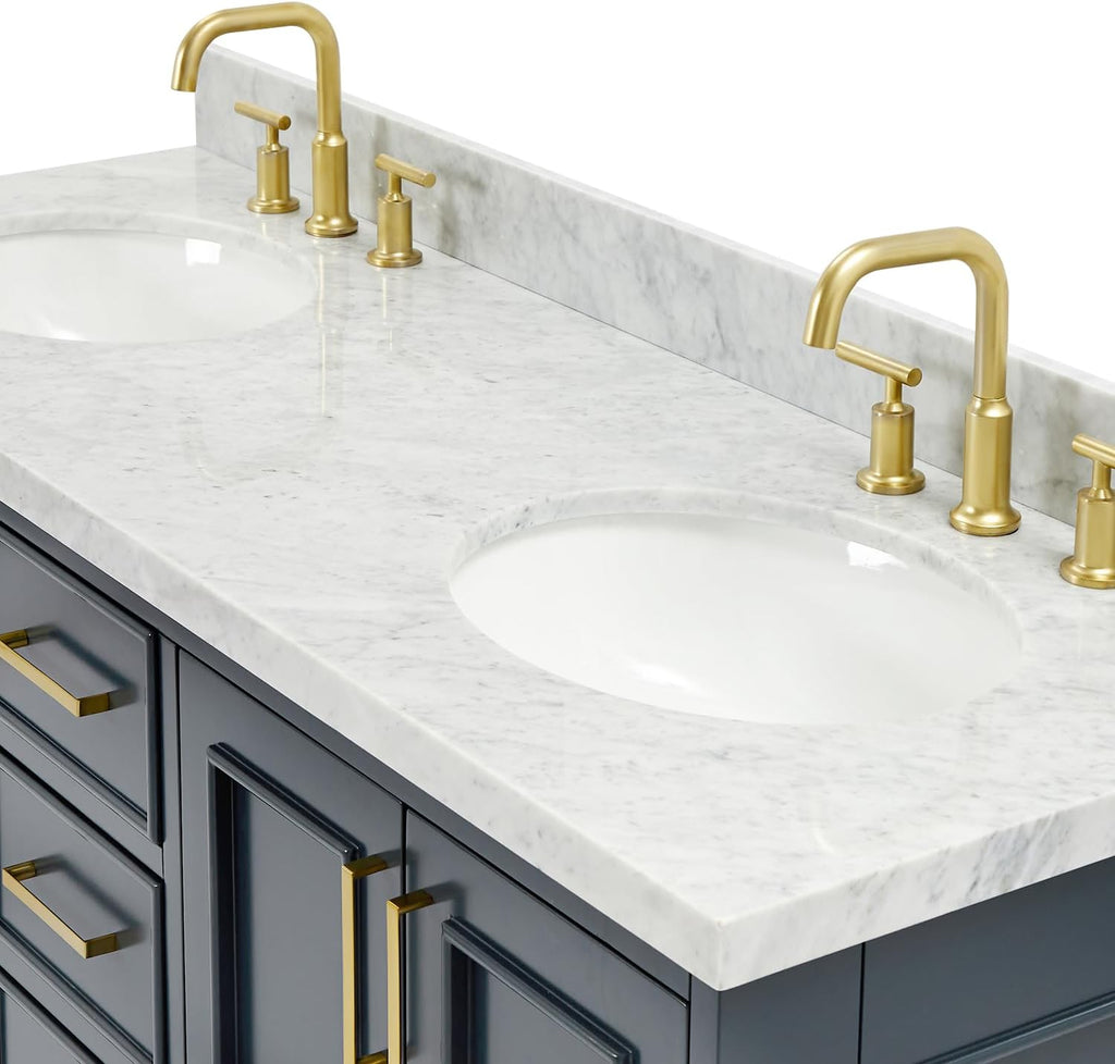 ARIEL Stafford 60-inch Bathroom Vanity with Sink,Solid Wood, 1.5-inch Italian Carrara Marble Countertop, Double Oval Porcelain Sink, 4 Soft Closing Doors, 6 Dovetail Drawers, Midnight Blue