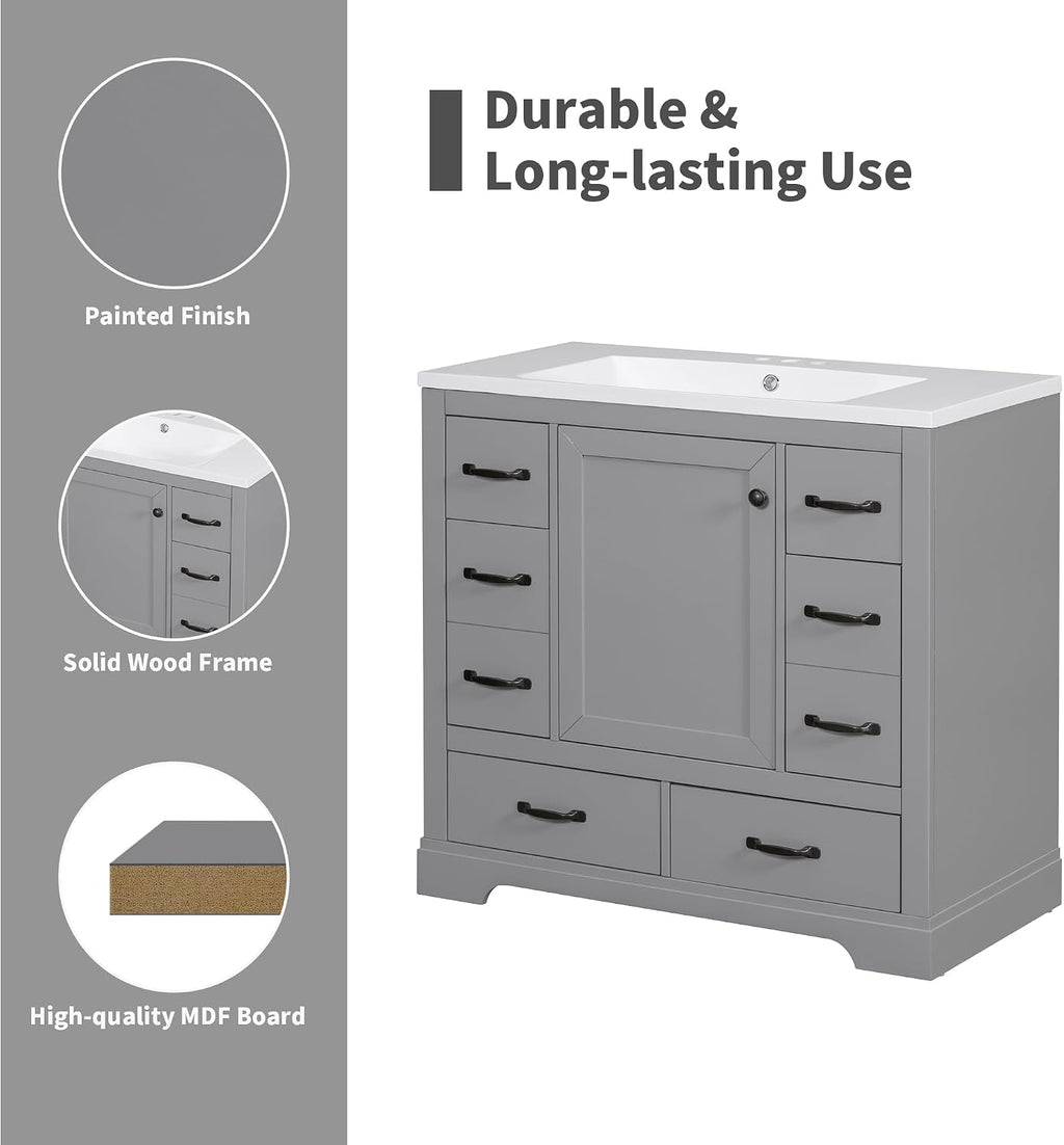 Favfurish 36' Bathroom Vanity Without Top Sink,6-Drawer Freestanding Cabinet Base with Multi-Functional Divider & Adjustable Shelf,Solid Wood MDF Vanity Only, Water Resistant,Grey